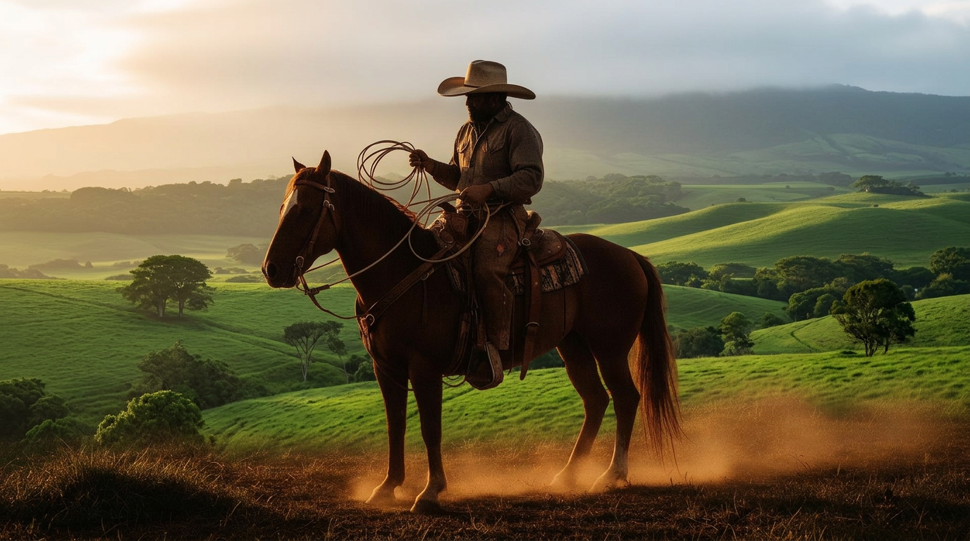 Hawaiian paniolo on horseback at sunset in Waimea