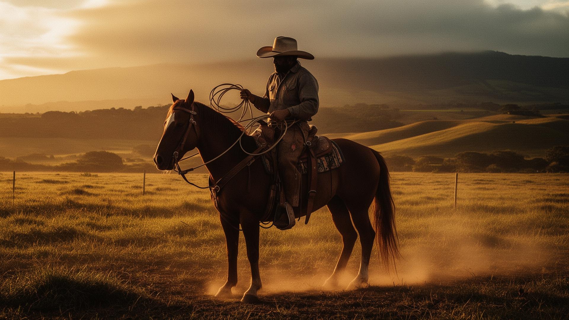 Hawaiian paniolo on horseback at sunset in Waimea
